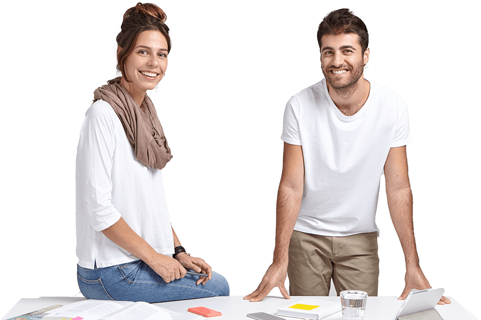 Hr Woman and Man sitting on desk